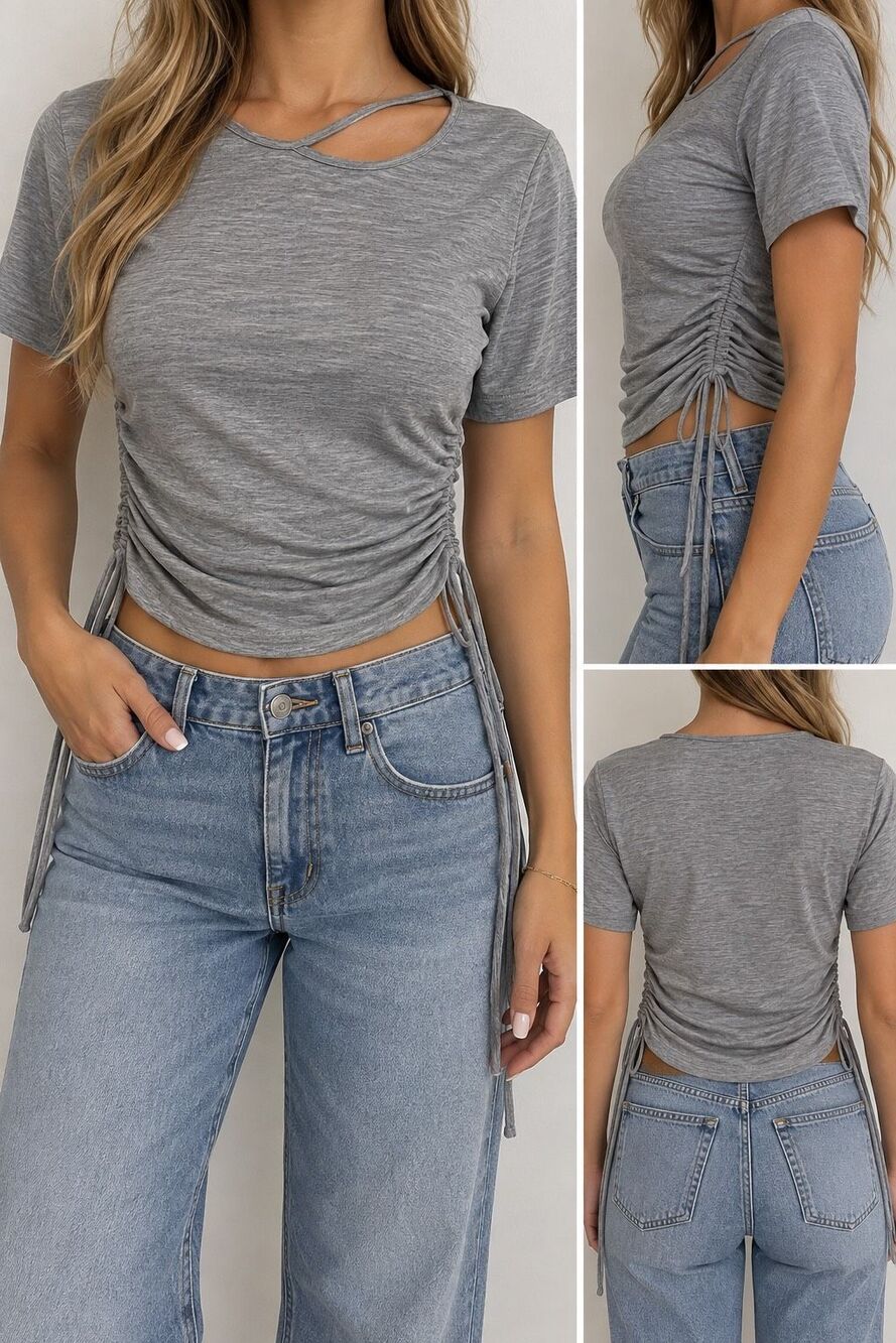 By Egreis Gray Ruched Side Top Large Adjustable Drawstring Cutout Y2K